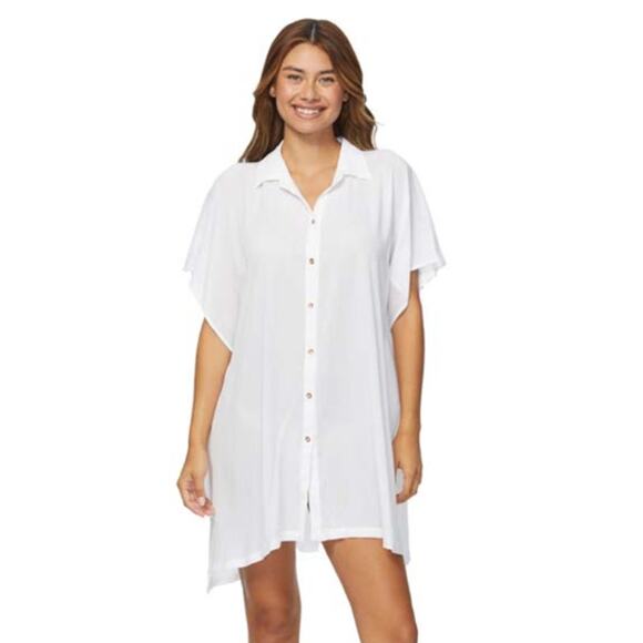 Raisins Swim Coverup Dress Size Medium White Sheer Gauze Crinkle Collared Beach - Picture 1 of 10